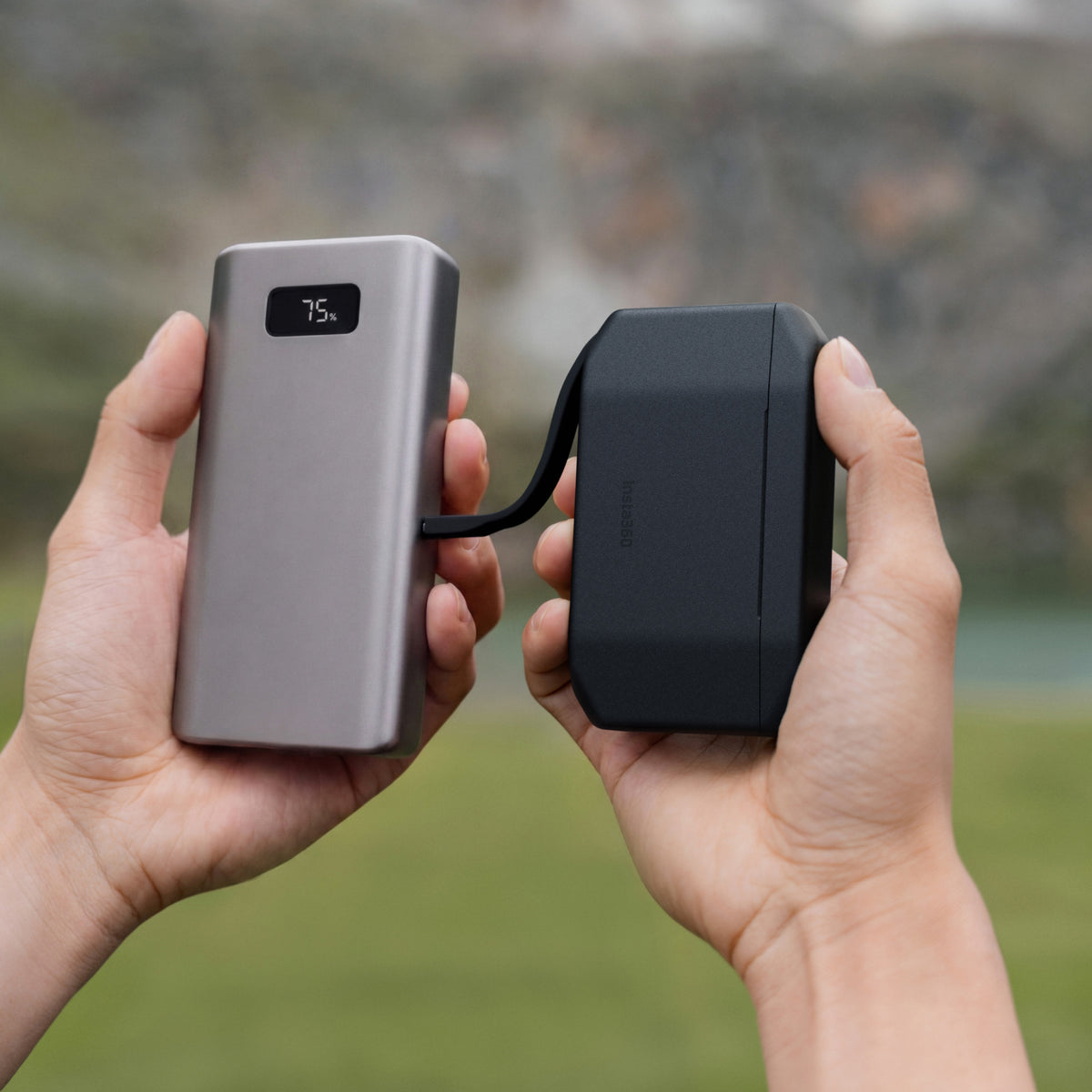 Insta360 X6 Fast Charge Case charging case connected to an external power bank