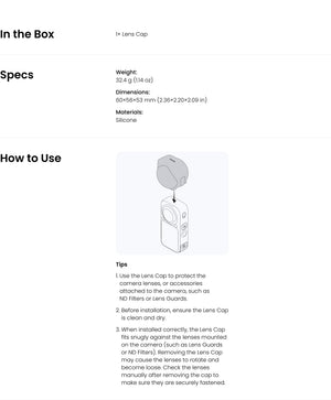 Insta360 X6 Lens Cap official package specifications and illustrated fitting instructions
