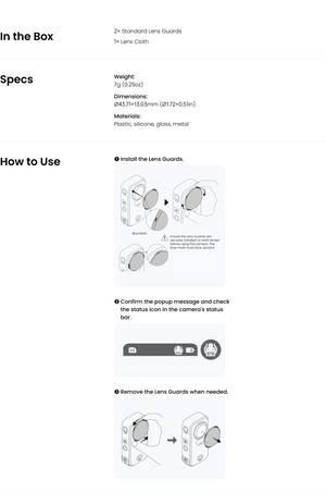 Insta360 X6 Lens Guards official package specifications and illustrated fitting instructions