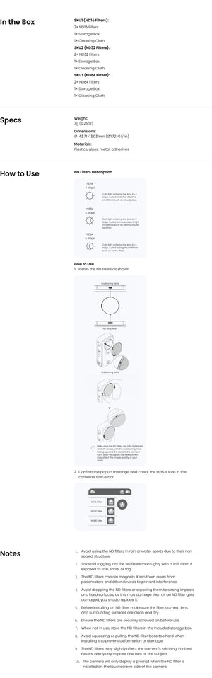 Insta360 X6 ND Filters official package specifications and illustrated fitting instructions