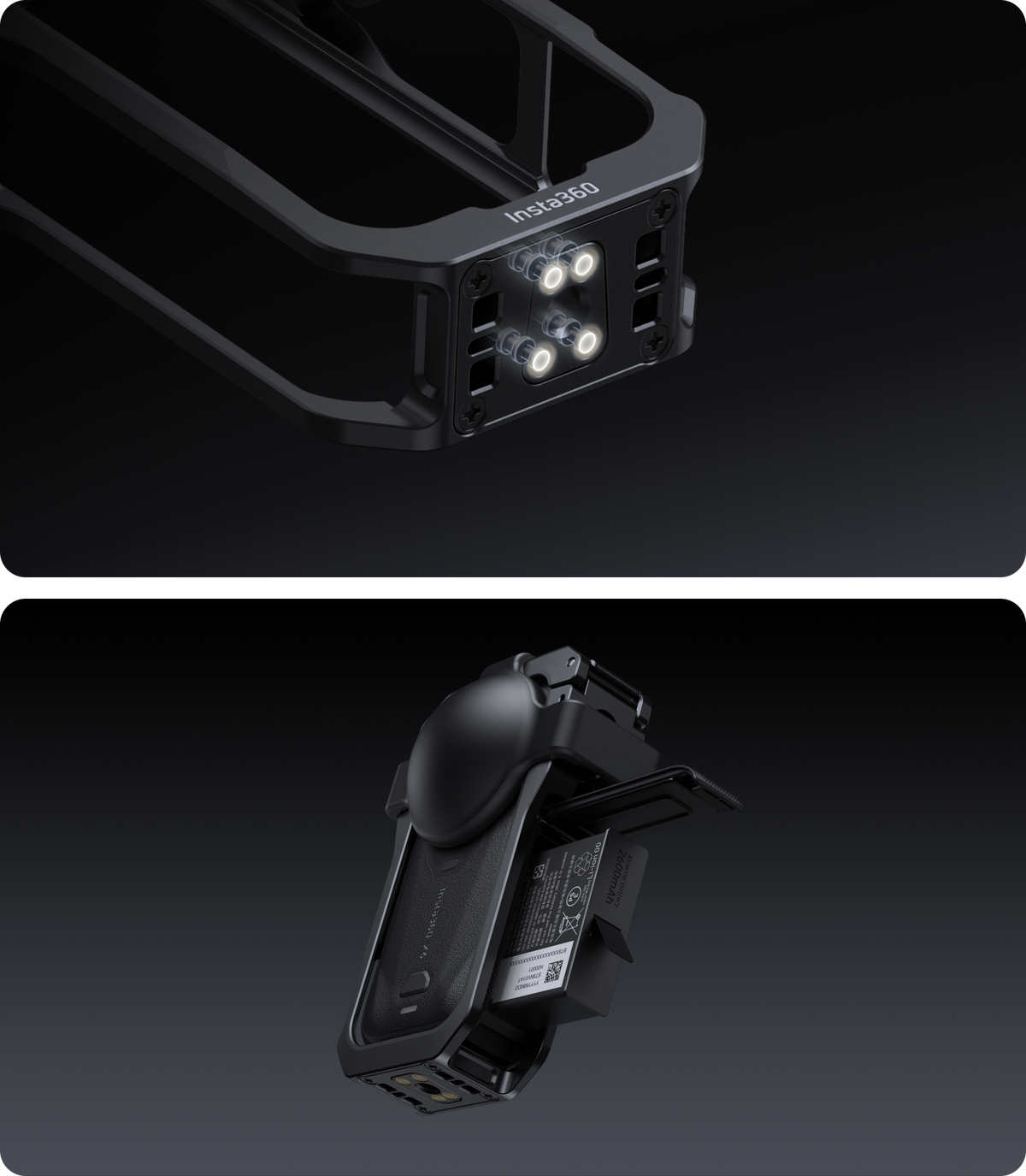 Insta360 X6 Protective Utility Frame detail of bottom contacts and battery access with the frame fitted