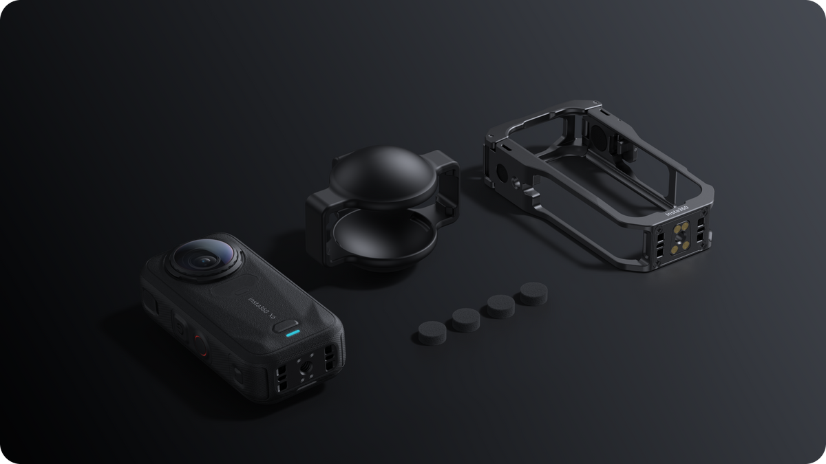 Insta360 X6 Protective Utility Frame frame, lens cap and mic windshields shown beside a camera, camera sold separately