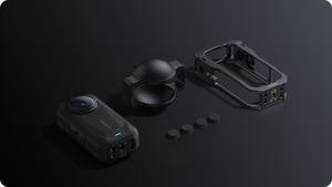 Insta360 X6 Protective Utility Frame frame, lens cap and mic windshields shown beside a camera, camera sold separately
