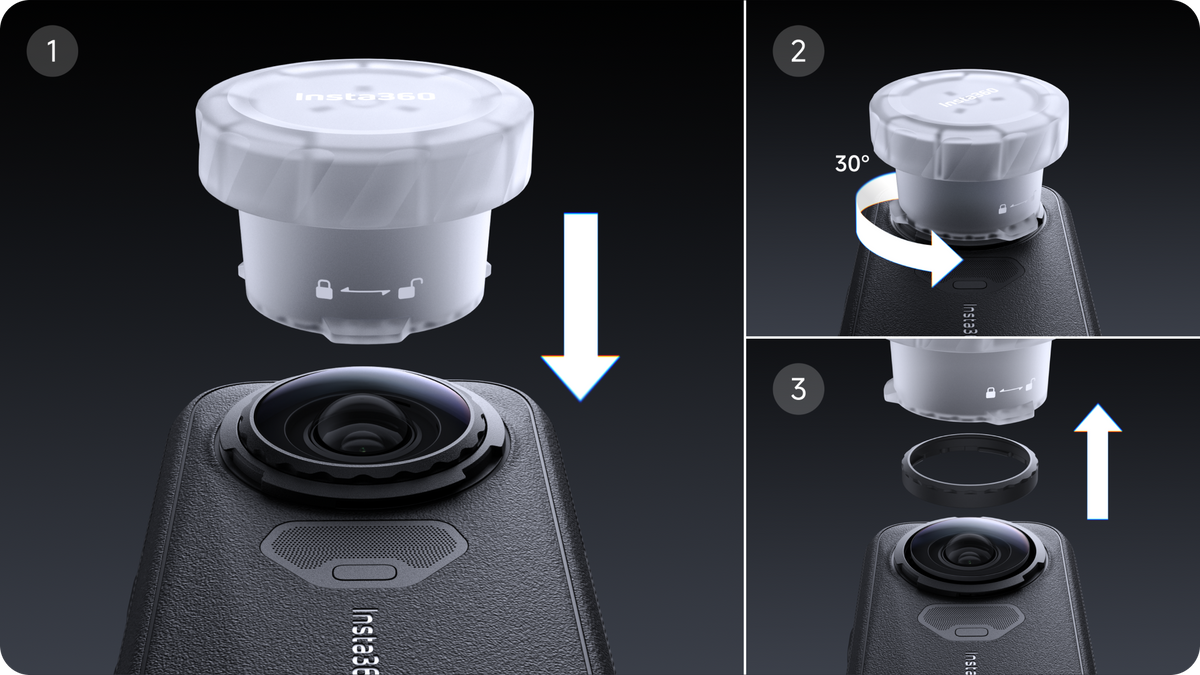 Insta360 X6 lens grip tool and illustrated replacement procedure