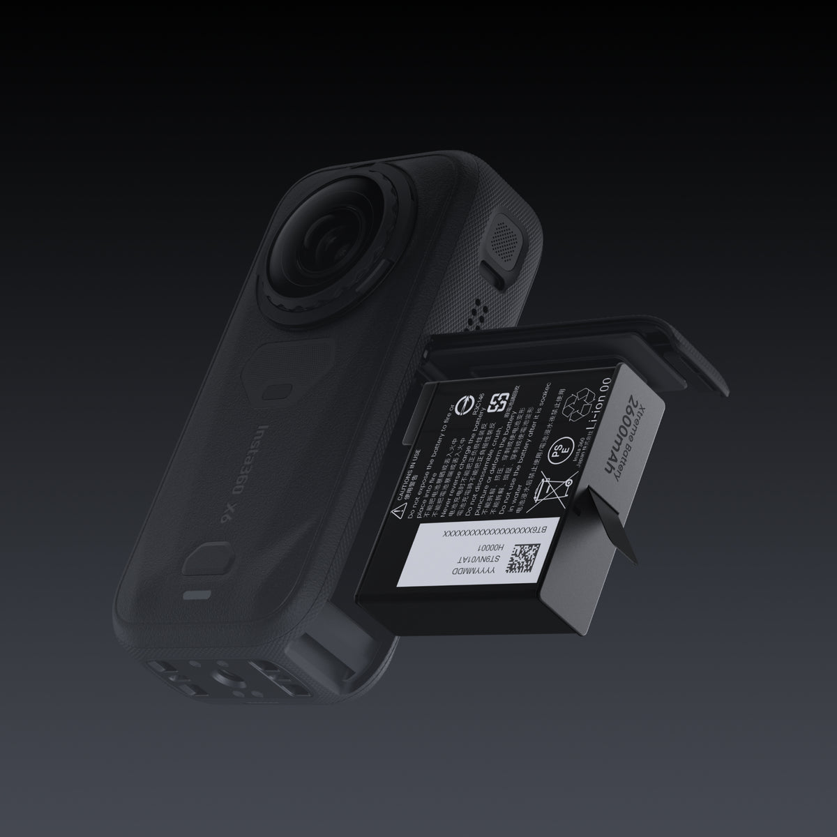 Insta360 X6 Xtreme Battery battery shown beside a compatible camera