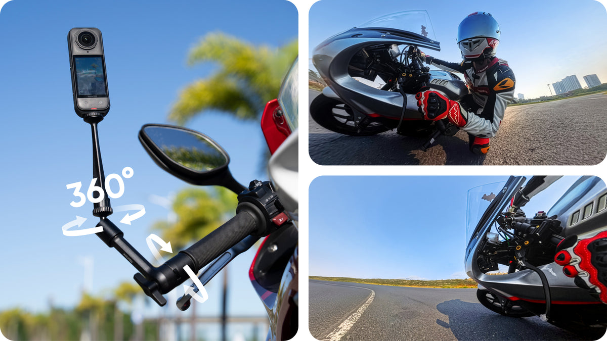 Insta360 Motorcycle Magic Arm adjustable camera-angle examples