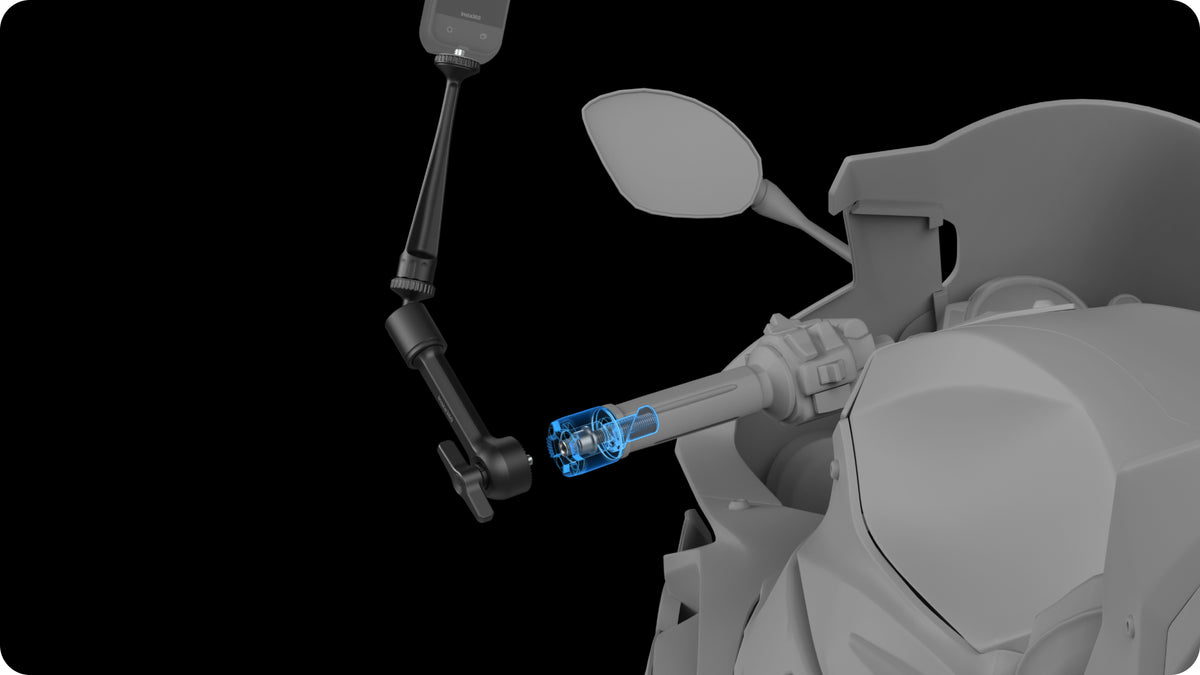 Insta360 Motorcycle Magic Arm removable arm and retained bar-end base illustration
