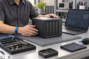 Illustration of a technician assessing NAS equipment at a diagnostic workbench