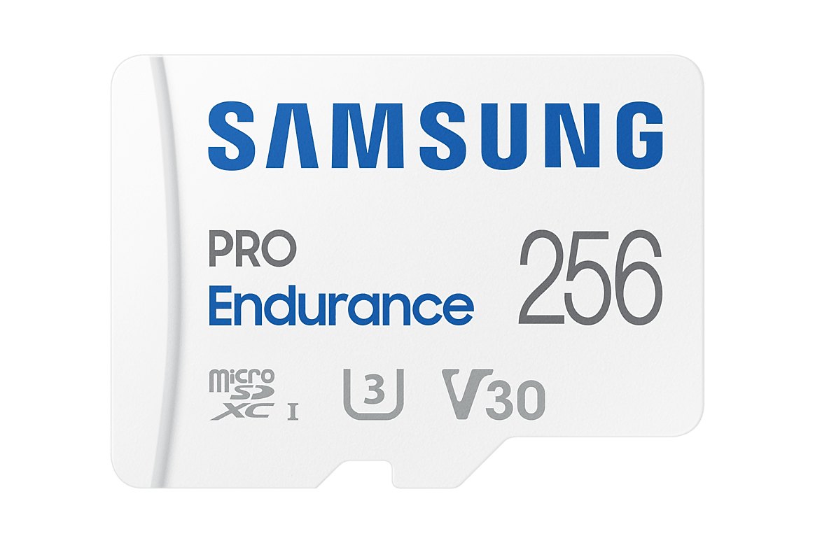 Samsung PRO Endurance 256GB microSDXC card front showing U3 and V30 markings