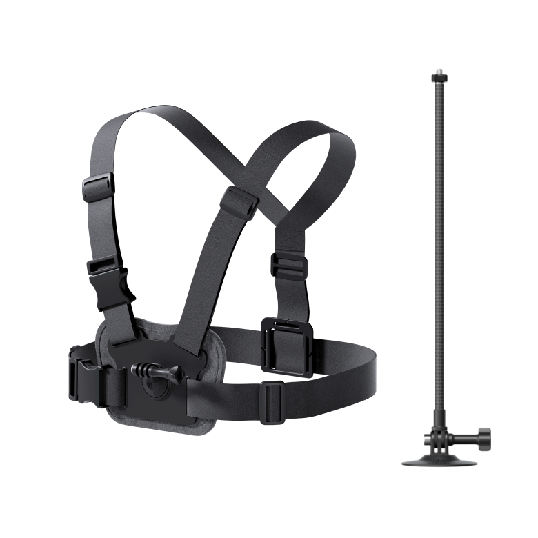 Snow camera mounting kit with chest strap and helmet extension rod