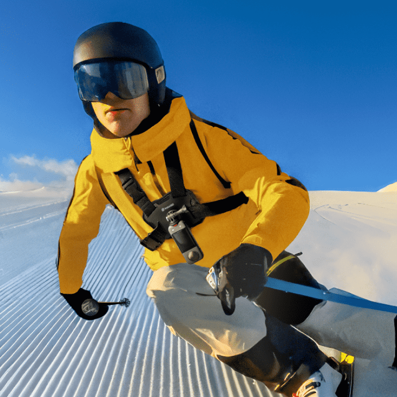 Chest-mounted camera worn for a snow-sport perspective