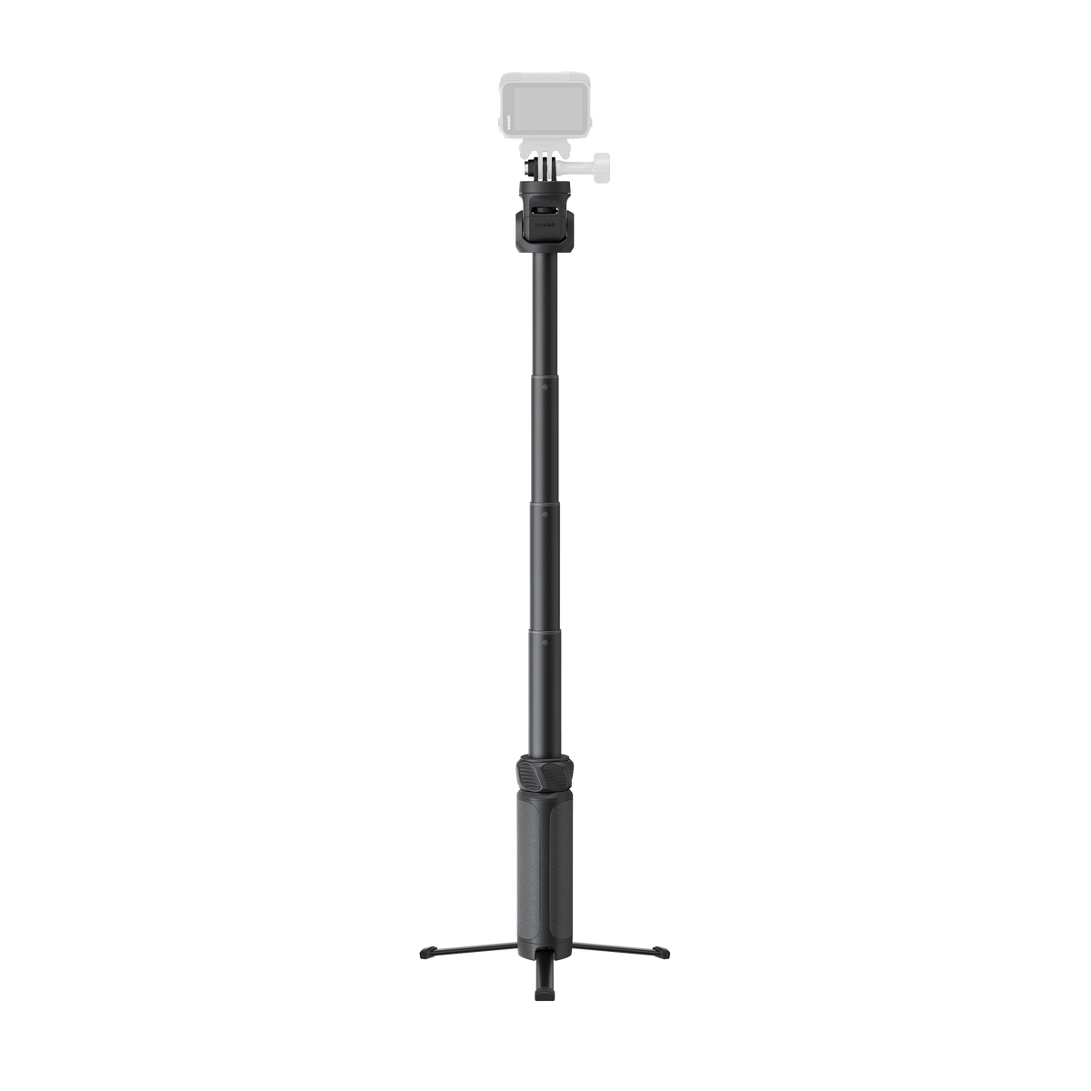 Spin Stick extended with tripod legs opened and an illustrative camera