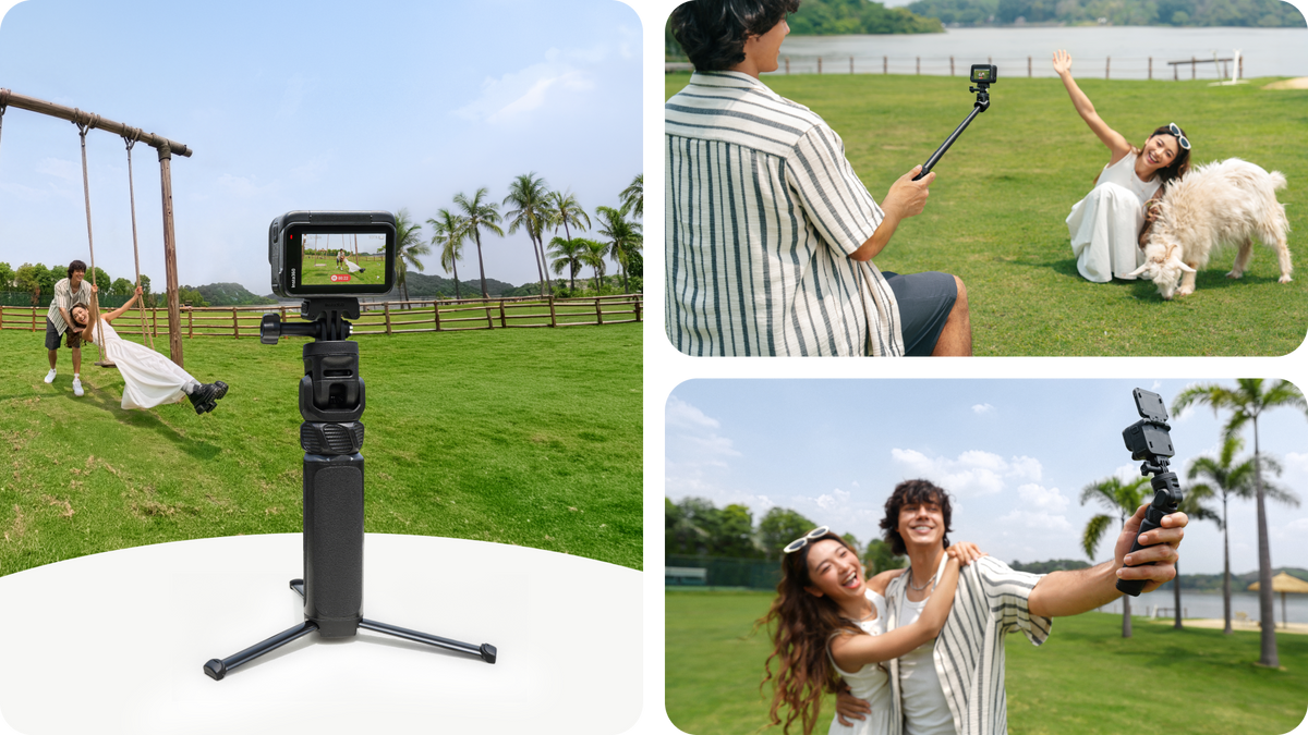 Handheld and tabletop tripod uses of the same support