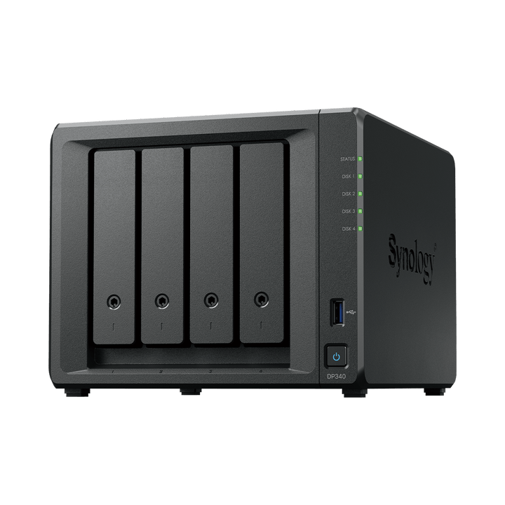 Synology activeprotect dp340 | amd r1600 | 16 gb | 4-bay 32 tb raid 5 + ssd raid 1 | desktop backup appliance 1 Synology activeprotect appliance dp340 sprednji pogled backup strežnika