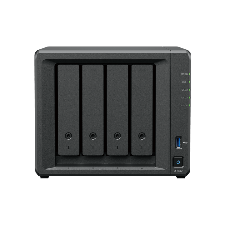 Synology activeprotect dp340 | amd r1600 | 16 gb | 4-bay 32 tb raid 5 + ssd raid 1 | desktop backup appliance 3 Synology dp340 sprednji pogled štiri diskovne reže backup appliance
