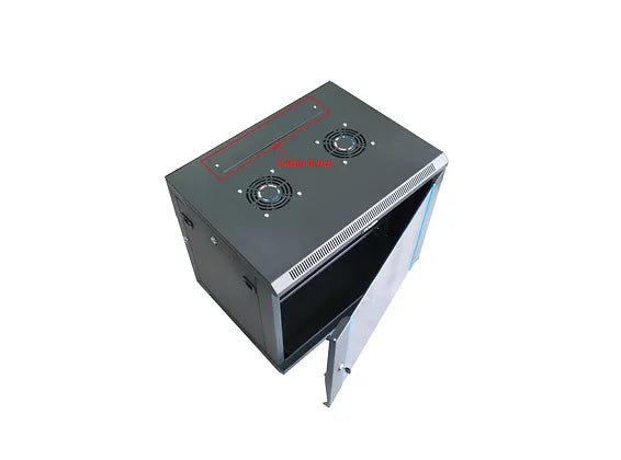 Tough 12U Wall Mount Server Cabinet, from above with ventilation fan openings and glass door open