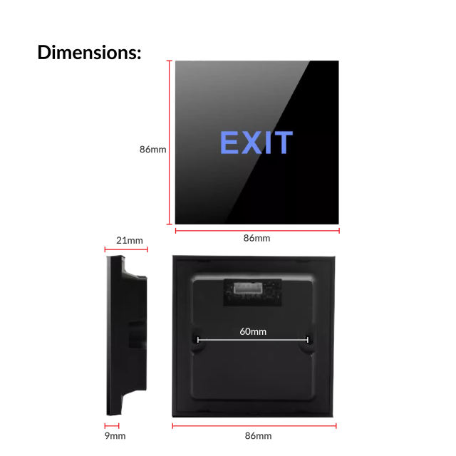 Tough flat-glass exit button dimensions diagram