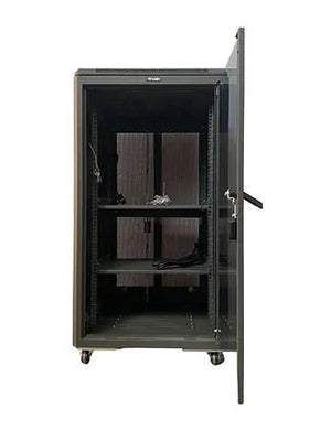Tough 18U CX Server Equipment Rack, straight-on interior view with glass front door open