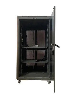 Tough 18U CX Server Equipment Rack, straight-on interior view with glass front door open