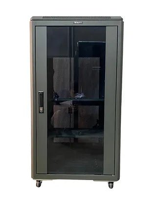 Tough 21U CX Server Equipment Rack, angled view with closed mesh front doors