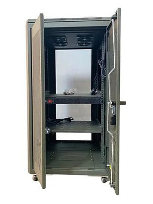 Tough 21U CX Server Equipment Rack, straight-on view with closed glass front door