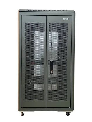 Tough 21U CX Server Equipment Rack, straight-on interior view with front and rear doors open