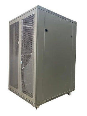 Tough 21U XL Server Equipment Rack, angled mesh-door view with solid side panel