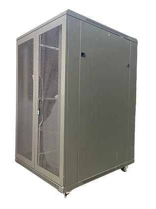 Tough 21U XL Server Equipment Rack, angled mesh-door view with solid side panel