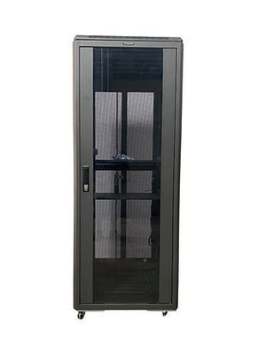 Tough 27U CX Server Equipment Rack, alternate straight-on glass-door view with rack rails visible