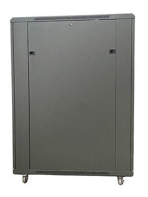 Tough 27U XL Server Equipment Rack, straight-on rear view with solid door closed