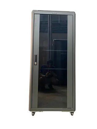 Tough 31U CX Server Equipment Rack, straight-on view with closed glass front door
