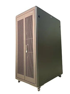 Tough 31U CX Server Equipment Rack, angled view with closed mesh front doors