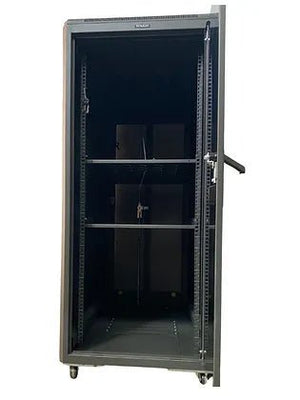 Tough 31U CX Server Equipment Rack, straight-on interior view with glass front door open