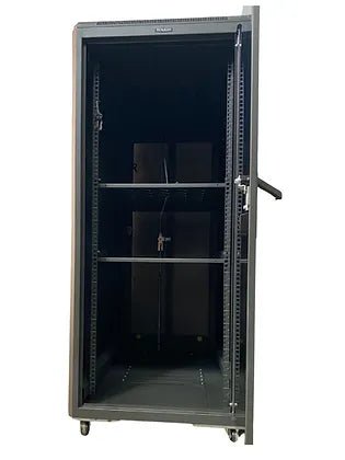Tough 31U CX Server Equipment Rack, straight-on interior view with glass front door open