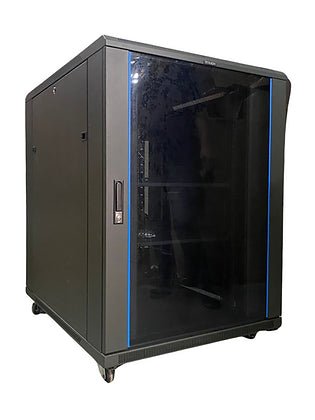 Tough 31U XL Server Equipment Rack, angled view with closed glass front door