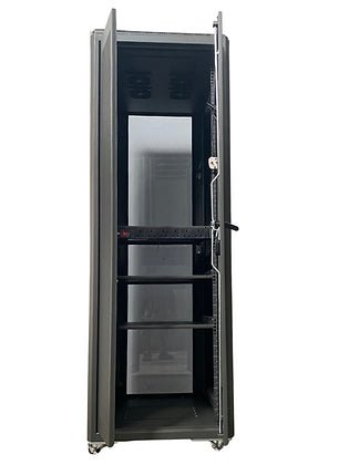 Tough 36U CX Server Equipment Rack, straight-on interior view with glass front door open