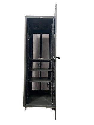 Tough 36U CX Server Equipment Rack, straight-on view with closed glass front door