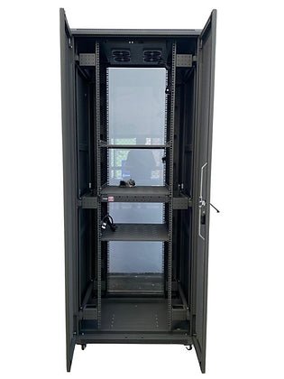 Tough 36U XL Server Equipment Rack, straight-on interior view with front and rear doors open