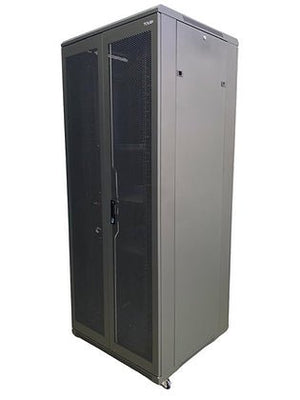 Tough 36U XL Server Equipment Rack, angled glass-door view with solid side panel