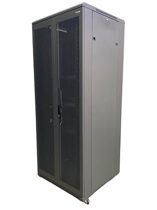 Tough 36U XL Server Equipment Rack, angled glass-door view with solid side panel
