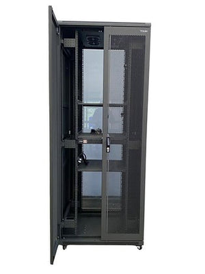 Tough 36U XL Server Equipment Rack, straight-on view with mesh front door partly open