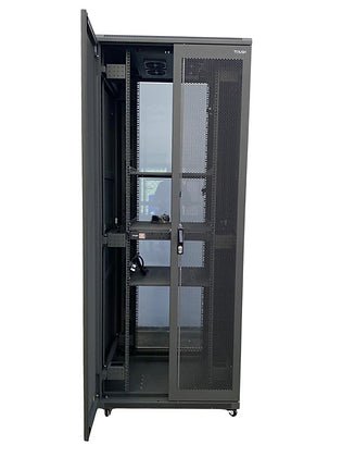 Tough 36U XL Server Equipment Rack, straight-on view with mesh front door partly open