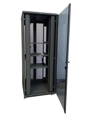 Tough 36U XL Server Equipment Rack, angled interior view with glass front door open