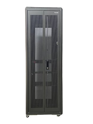 Tough 42U CX Server Equipment Rack, angled view with closed mesh front doors