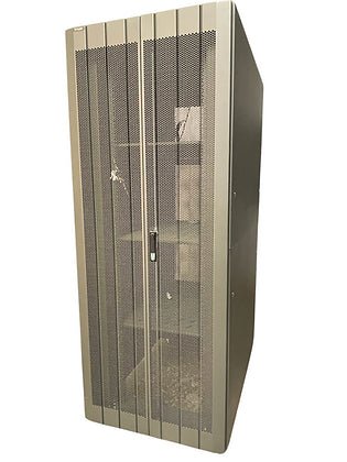 Tough 42U XL Server Equipment Rack, angled mesh-door view with solid side panel