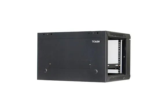 Tough 6U Wall Mount Server Cabinet, with closed mesh front door, angled side view