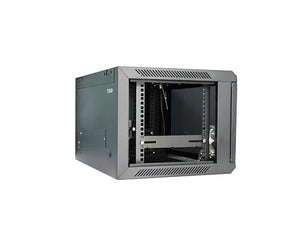 Tough 6U Wall Mount Server Cabinet, with glass front door open, angled side view