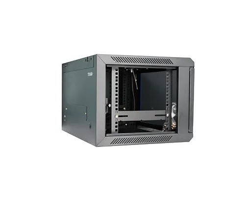 Tough 6U Wall Mount Server Cabinet, with glass front door open, angled side view