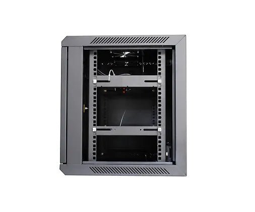 Tough 9U Wall Mount Server Cabinet, with front door removed, straight-on interior view