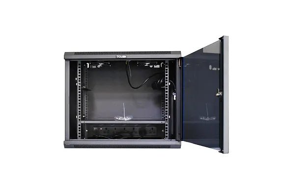 Tough 9U Wall Mount Server Cabinet, with glass front door open, straight-on view